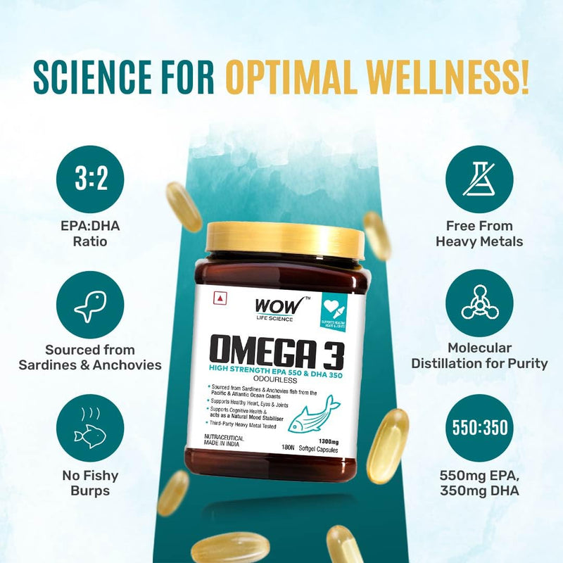 WOW Life Science Omega-3 Fish Oil 1300 mg Triple Strength - 550mg EPA & 350mg DHA for Joints, Heart & Brain Health - 180 Capsules