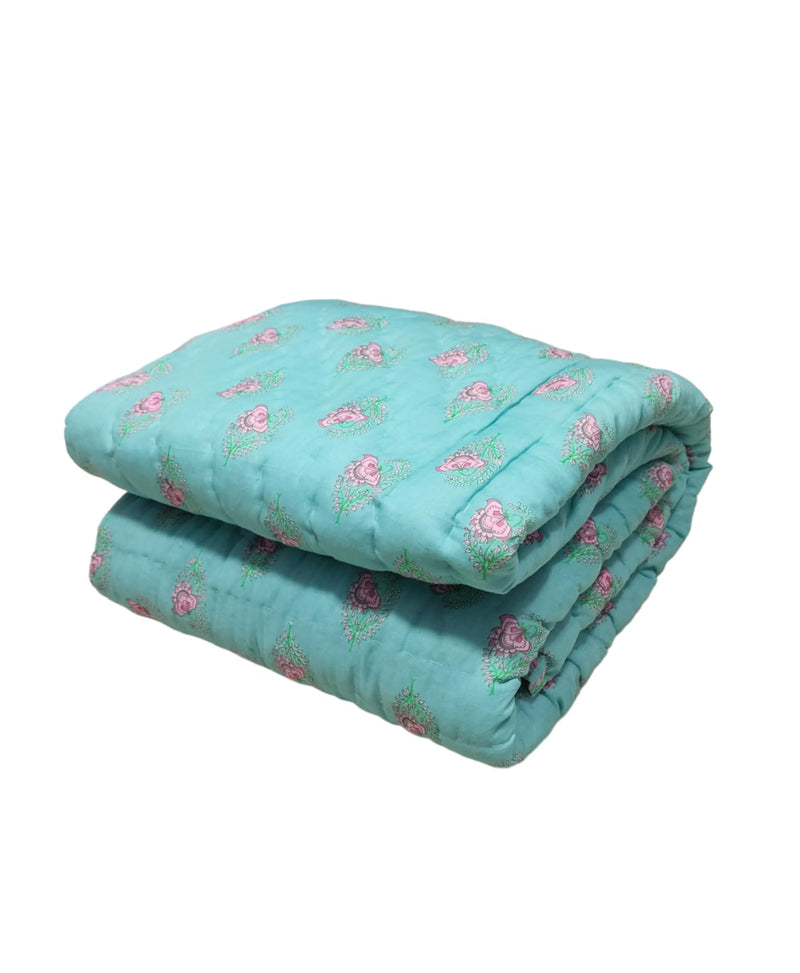 Gnudi Reversible Jaipuri razai for Winter Double Bed/Pure Cotton Jaipuri razai Double Bed/Jaipuri razai Double Bed for mild Winter, 85x100 inch (Sea Green)