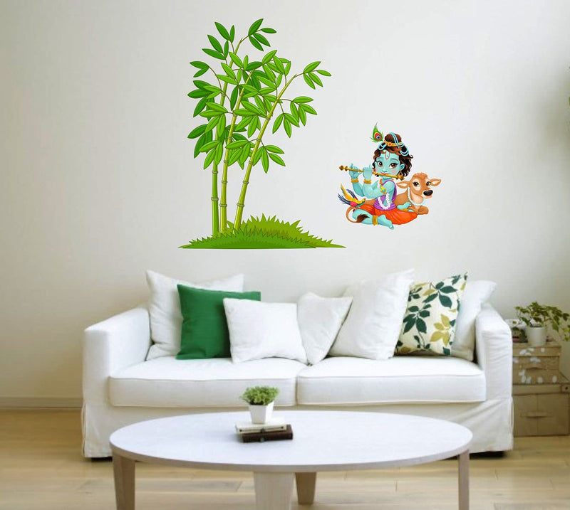 Asmi Collections Wall Stickers Little God Krishna Playing Flute Under a Bamboo Tree with Cow