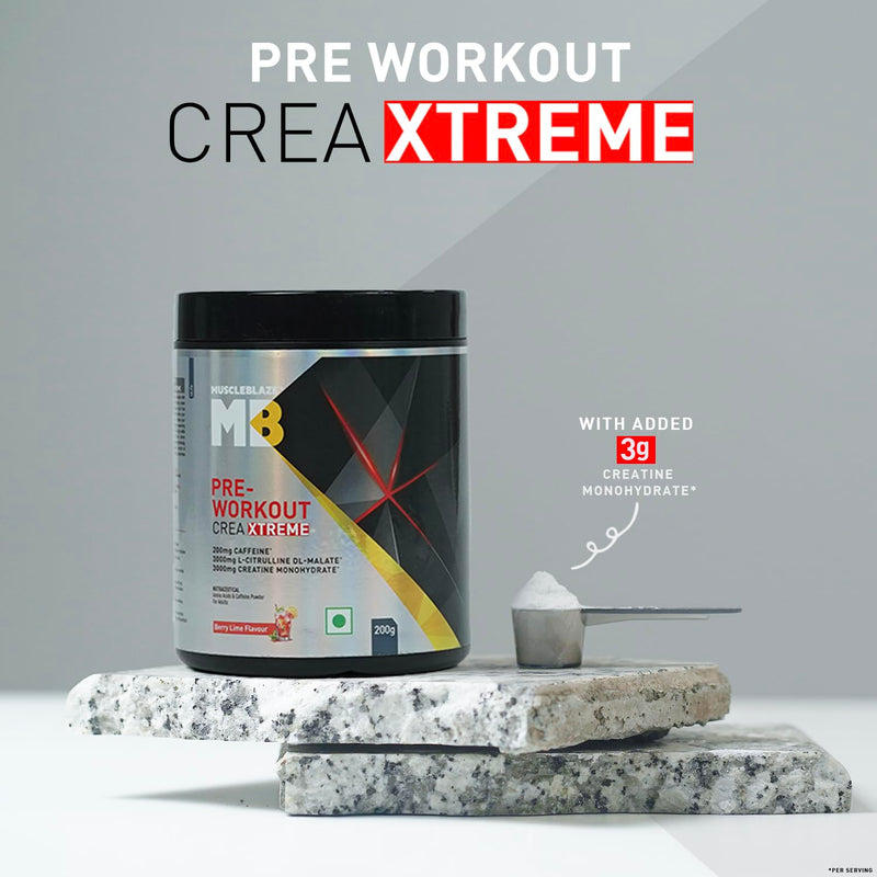 MuscleBlaze Pre Workout Crea-Xtreme (Berry Lime, 200g, 20 Servings) | 3000 mg Creatine Monohydrate, 200mg Caffeine, 200mg Theanine, 2000mg Beta Alanine