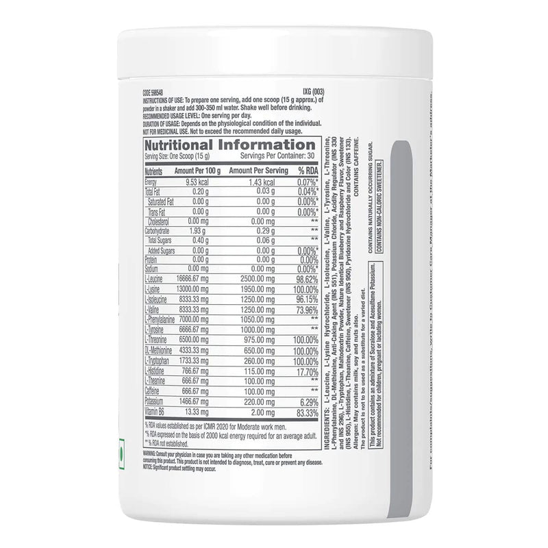 GNC Pro Performance Essential Amino Complete | 450 gm | 30 Servings | Fuels Muscle Growth | Beats Fatigue | Prevents Muscle Cramps | 10g EAA | 100mg Caffeine | 2mg Vitamin B6 | Blue Raspberry