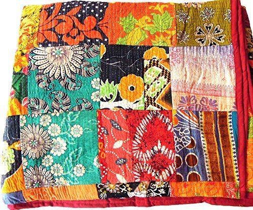 TI AMO Textile Work Creations Handmade Cotton Twin Size Hippie Bed Cover Throw and Blanket Kantha Quilt (Multicolour, 60 x 90 inch, Single)