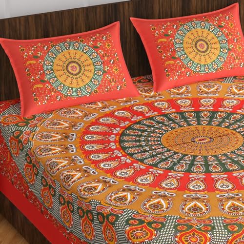 BedZone 100% Cotton Rajasthani Jaipuri Traditional Floral King Size Double Bedsheet with 2 Pillow Covers - Red Mirchi