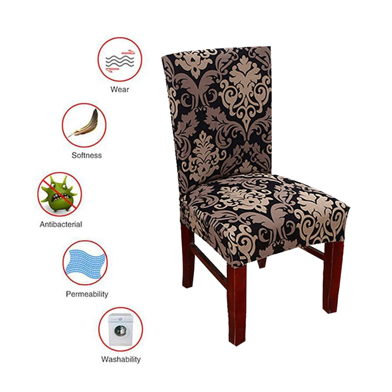 Styleys Polyester, Polyester Blend Stretchable Printed Washable Elastic Dining Chair Covers (SLMC123 Royal Black/Gold, Large) - Set of 6