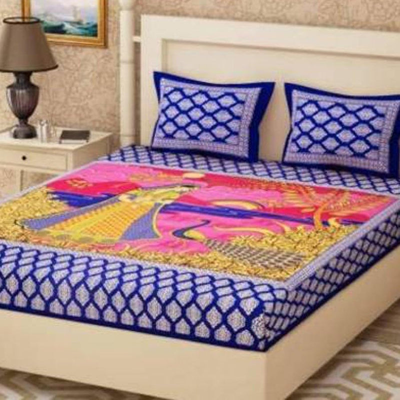 190 TC Cotton Double Jaipuri Prints Flat Bedsheet (Pack of 1, Blue) SOMYA GEMS