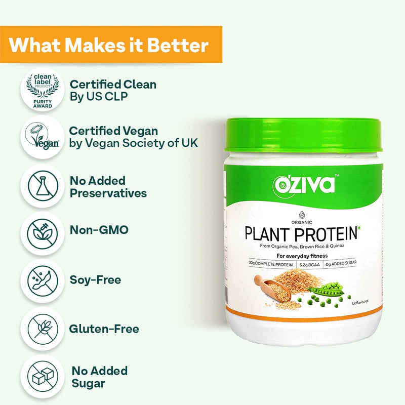 OZiva Organic Plant Protein for Everyday Fitness | 30g Protein - Pea Isolate | Complete Plant Protein Powder | No Added Sugar, Certified Clean & Vegan (Unflavoured, 500g)