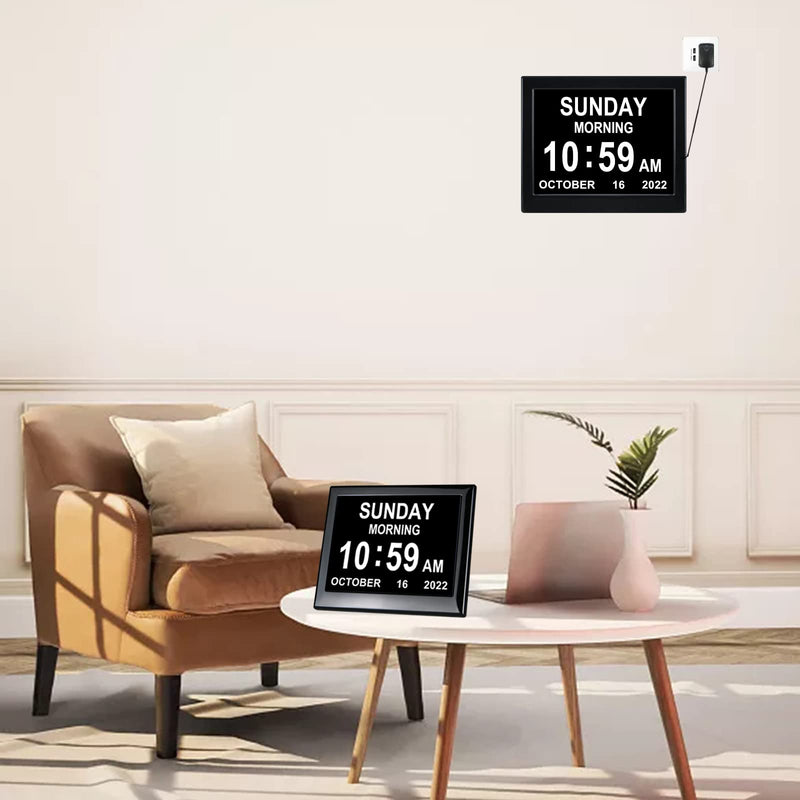 KASTISS Digital Calendar Day Clock - Extra Large Impaired Vision Digital Clock, Clock for Elderly, Programmable Medication Reminder Best Gifts for Mom(8 inch Black)
