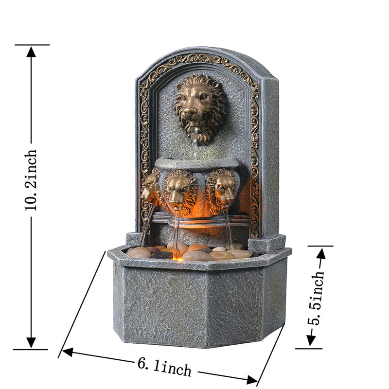GOSSI 10.3 in Tall Tabletop Fountain Classic Lion Head Polyresin Indoor Zen Waterfall Fountain w/ Cobblestone Soothing Sounds for Office and Home Decor
