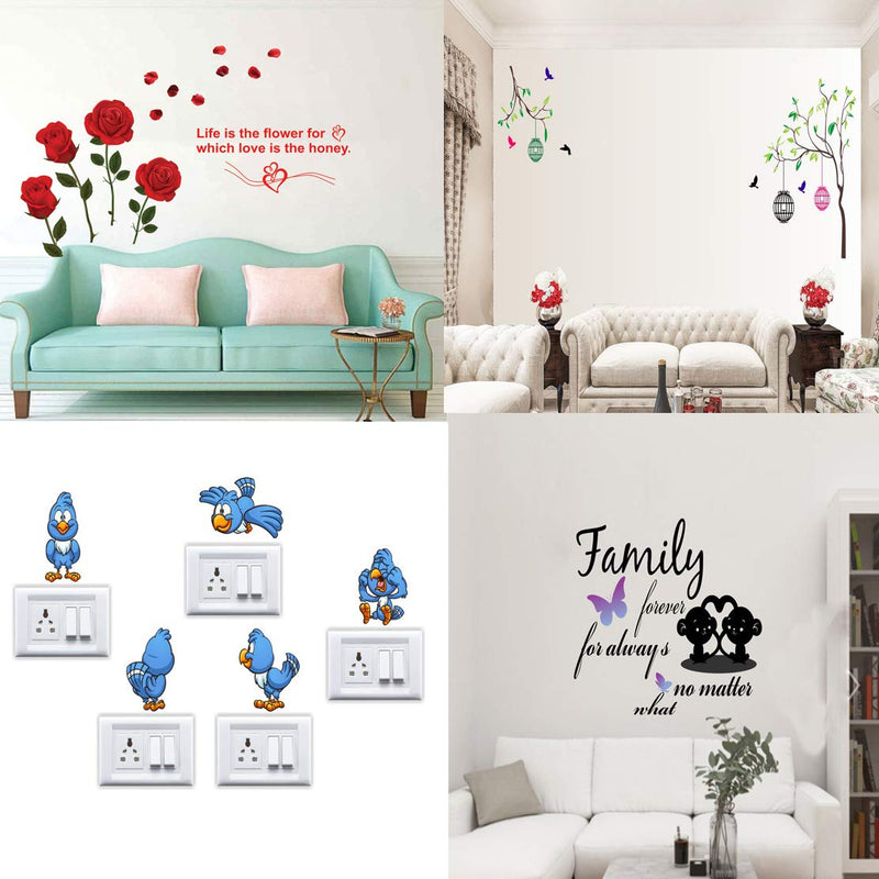 Walltech Combo of 4 Wall Sticker Family Forever no Matter-(61 x46 cms) | Romantic Rose Flowers-(98 x64 cms) | Free Bird case-(150 x 115 cms) | Cute Birds-(150 x 35 cms) - Material Vinyl