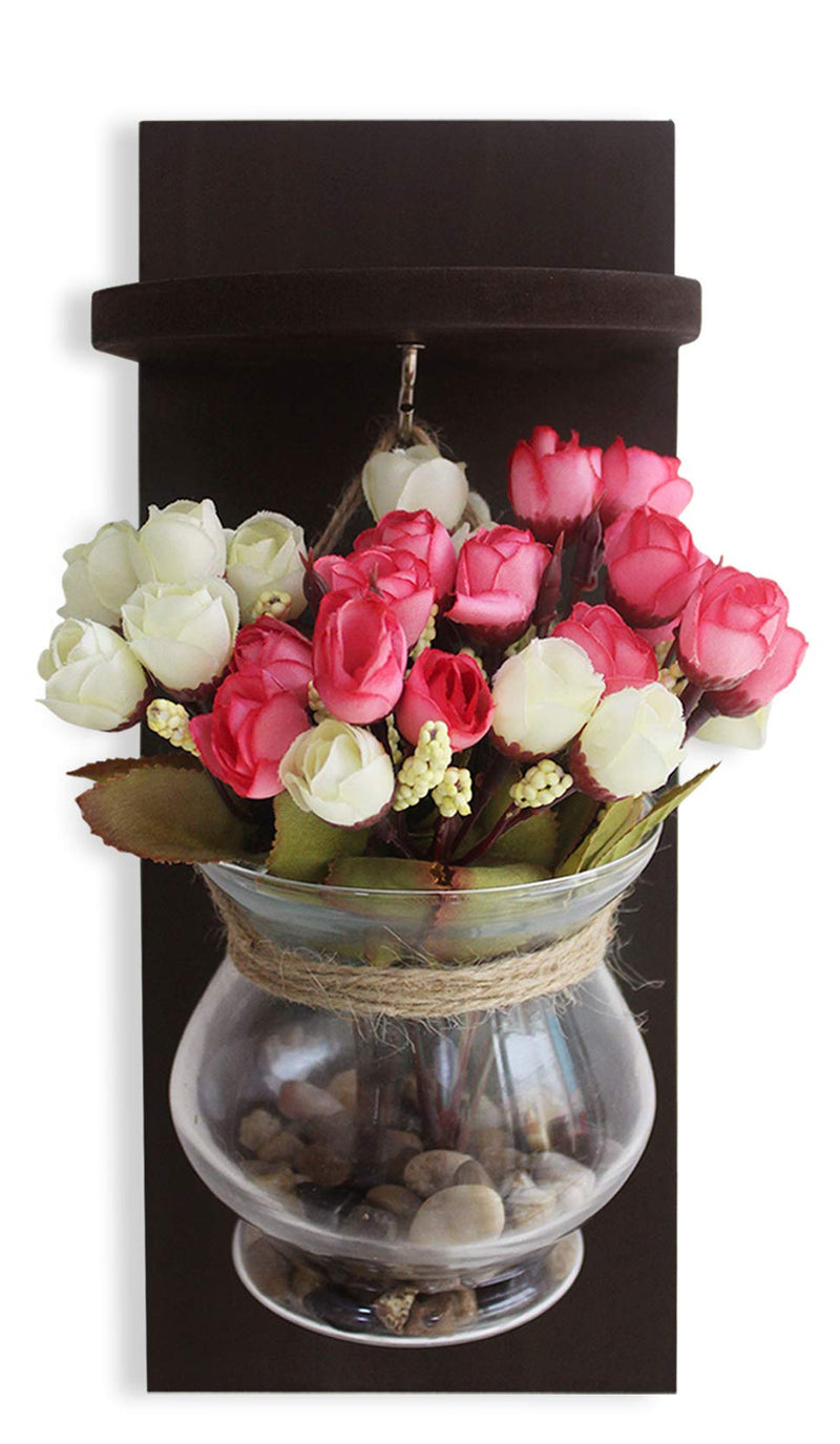 Tied Ribbons Wood Wall Shelf with Flower Vase and Artificial Flowers (11.99 cm x 0.99 cm x 37.01 cm, Multi)