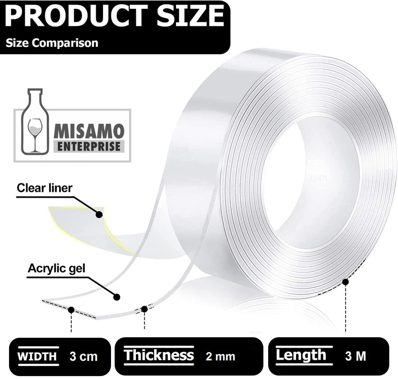 Misamo Enterprise Double Sided Heavy Duty Tape - Adhesive Silicone Tape, Heavy Duty, Heat Resistant, Multi-Functional, Removable, Washable, Reusable Anti-Slip Tape (2 mm, 3 Meter)