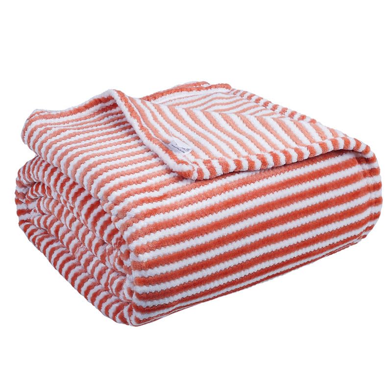 BSB HOME® Premium 220 TC Fleece Double Blanket | 300 GSM Lightweight Cozy Ultrasoft for Bed, Sofa, Travel & Camping| 230x220 cm |Orange & White