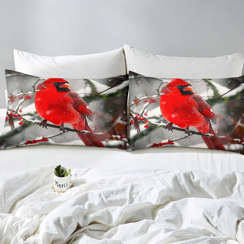 Boys Cardinals Fitted Sheet Queen Size,Red Sparrows Sheet Set Michigan Birds Bed Sheet Winter Tree Branch Bed Cover Finches Bedroom Decor for Kids Girls Teens