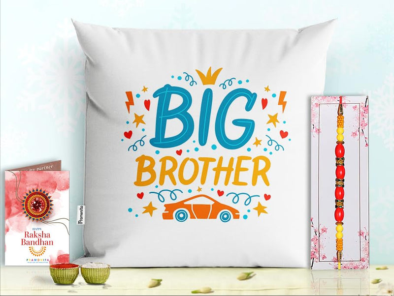 Pillow Rakhi for Brother with Gift - Rakhi with Rakhi Cushion with Filler Greeting Card- Rakhi for Brother, Gifts for Brother, Gifts for Rakhi, Gifts for Rakshabandhan Rakhi Gifts-PD-CU-20