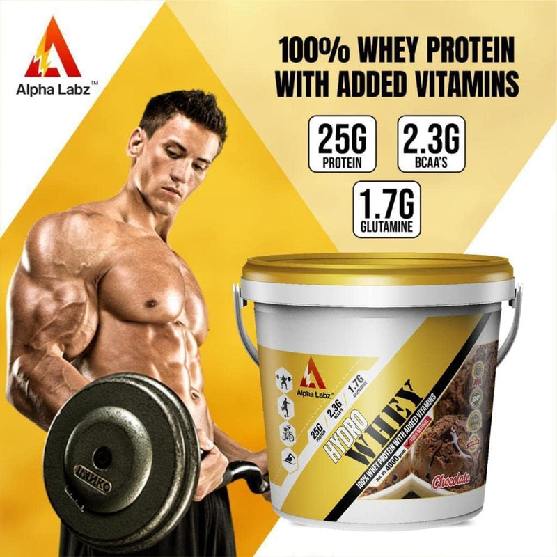 Alpha Labz Hydro Whey Protein Concentrate Supplement with Added Vitamins | Post Workout Whey Protein Isolate for Muscle Recovery & Improved Strength | 25g Protein, 2.3g BCAA & 1.7g Glutamine | Gym Supplement Protein Powder for Men & Women [4 Kg, Chocolate