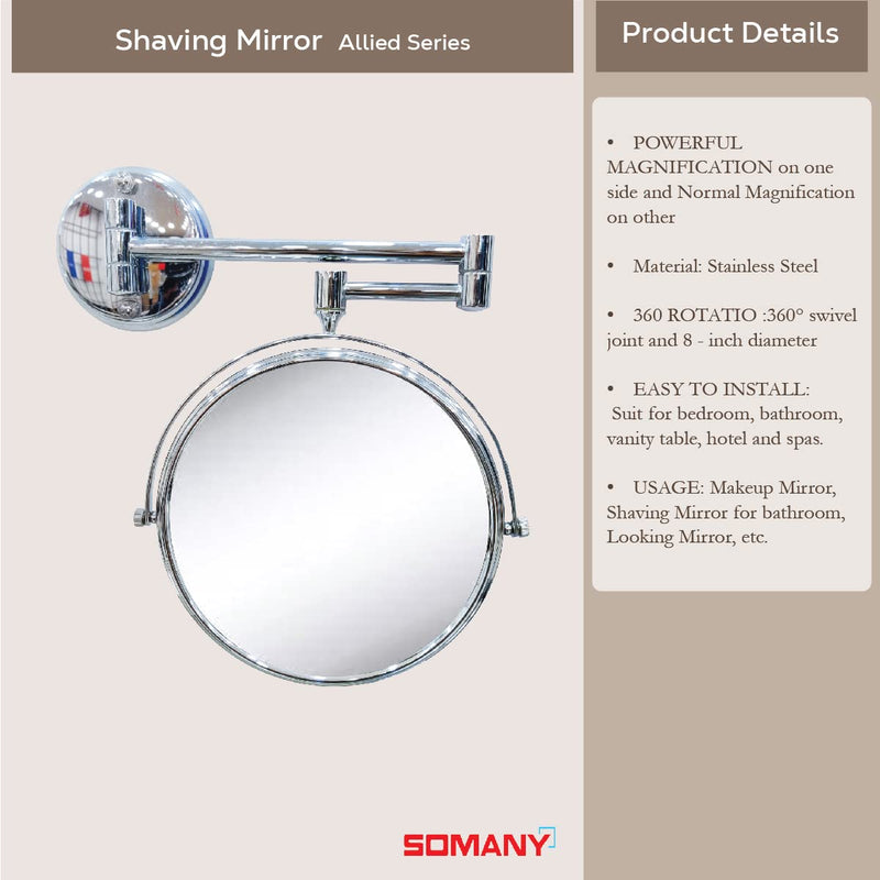 SOMANY Makeup Mirror/Shaving Mirror/Bathroom Mirror with 5X Magnifying Mirror & Wall Bracket with Adjustable Frame (Silver)(Round) Framed | 304 Stainless Steel