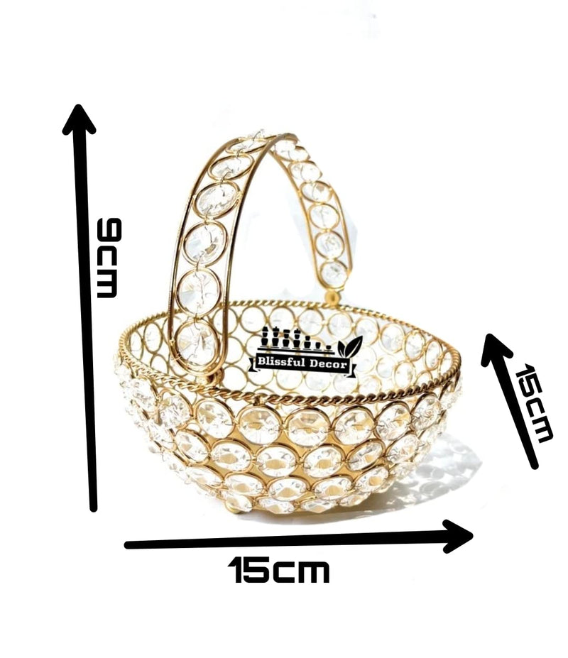 blissful decor Presents Metal Flower Basket (tokari) with Crystal Studded, Decorative Golden Metal Flower Vase for Home Office Gift, (6 Inch Diameter) Without Flower