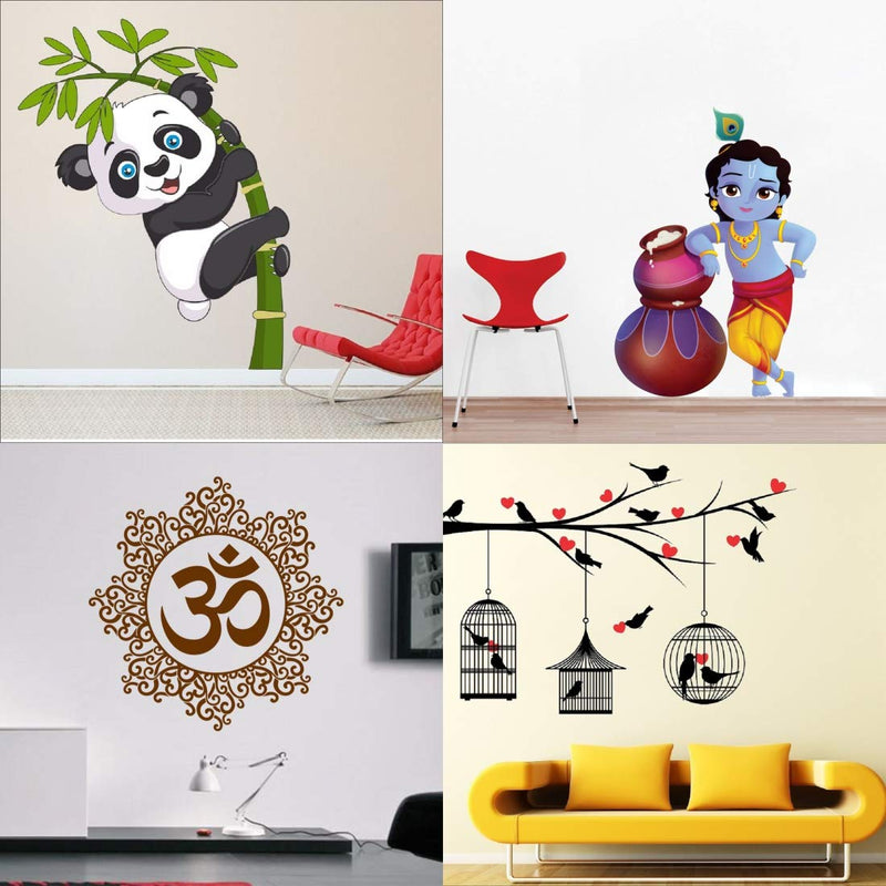 Walltech Combo of 4 Wall Sticker Love Birds with Hearts-(125 x 85 cms) | Cute bal Krishna makhan chor-(60 x 40 cms) | Designer om-(50 x 50 cms) | Baby Panda-(120 x 95 cms) - Material Vinyl