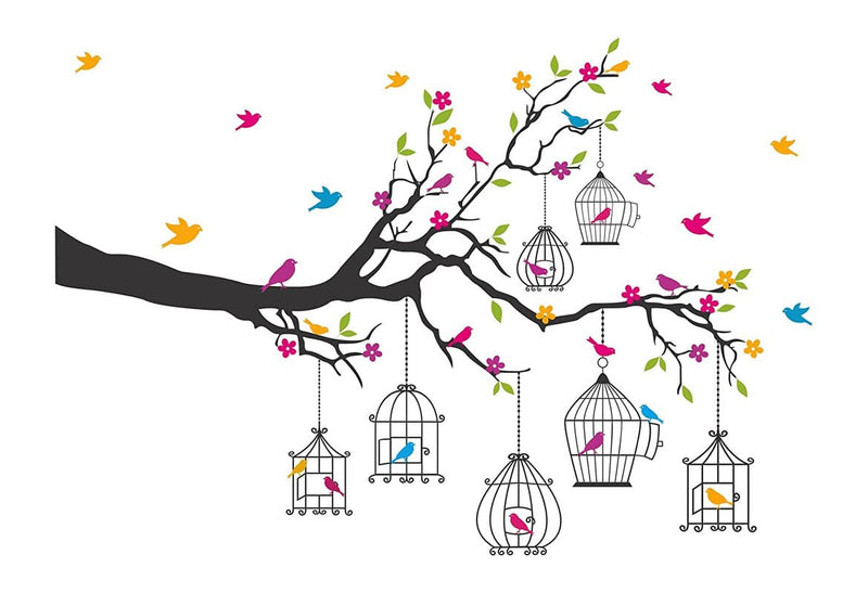 KC DECOR 'Branches with Flowers and Birds Cages' Wall Sticker (PVC Vinyl, 50 cm x 70 cm),Multicolour…