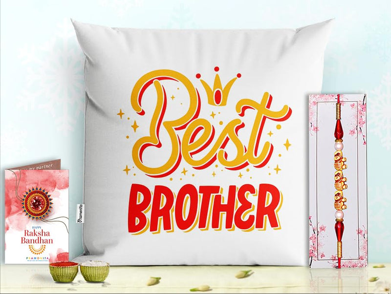 Pillow Rakhi for Brother with Gift - Rakhi with Rakhi Cushion with Filler Greeting Card- Rakhi for Brother, Gifts for Brother, Gifts for Rakhi, Gifts for Rakshabandhan Rakhi Gifts-PE-CU-07