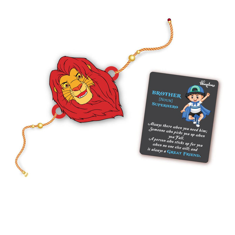 Bhai Please Lion King Musafa Wooden Rakhi with Brother is Superhero Fridge Magnet (Gift Combo for Bhai/Bhaiya) | Set of 1 pc Rakhi with Roli- Chawal and Fridge Magnet | With Raksha Bandhan Greetings