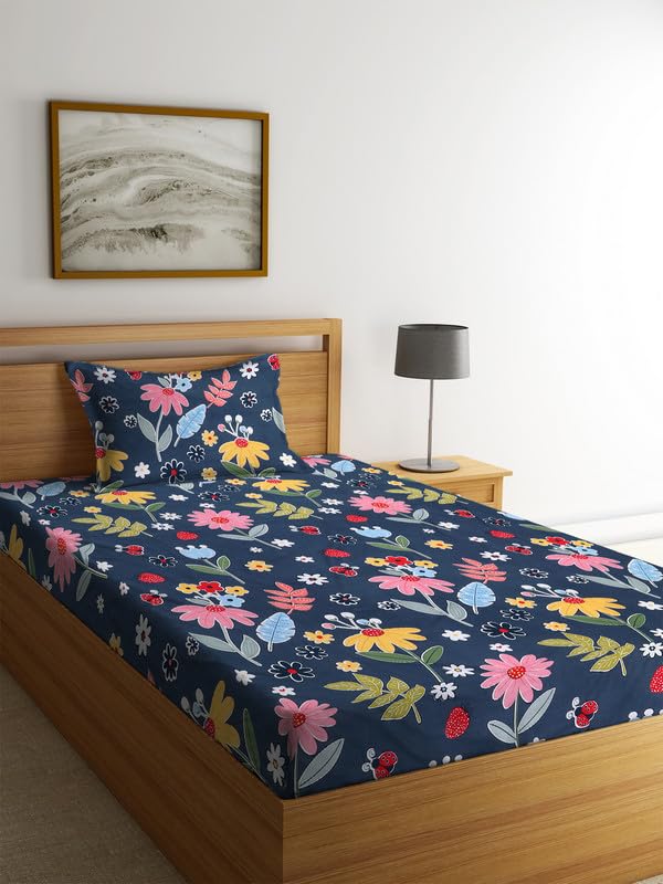 NEW LEAF Glace Cotton 200 TC Flat Single Bedsheets for Summer Breathable | Wrinklefree (Size-60 X 90 Inch) with 1 Pillow Covers (Size-17 X 27 Inches, Floral, Black & Yellow)