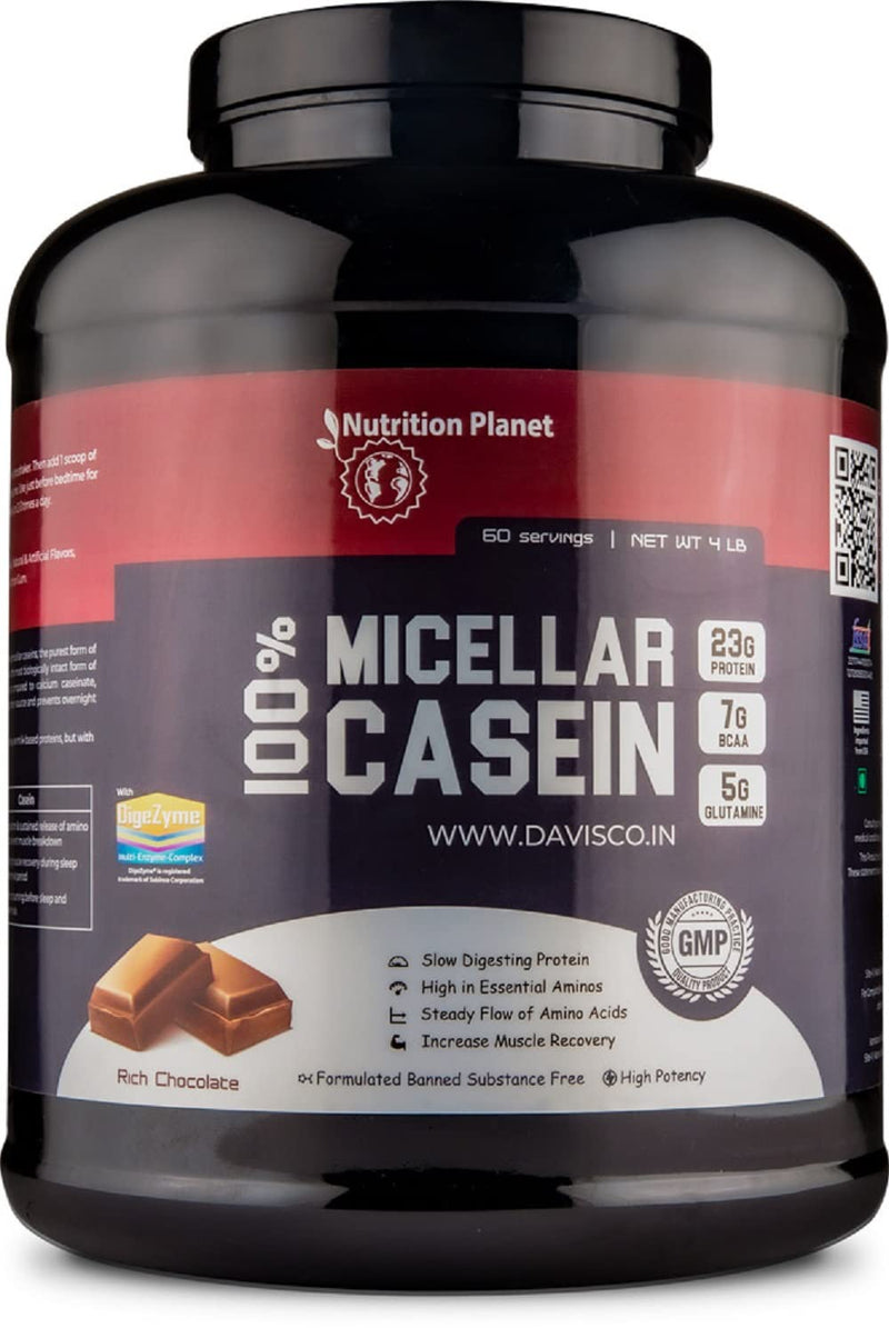 Nutrition Planet 100% Micellar Casein (With Added DigeZyme) for Pre/Post Workout Recovery (Chocolate - 4lb, 60 Servings)