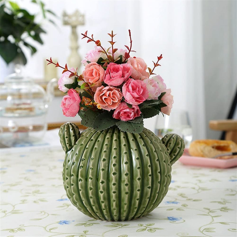 WSYL Small Cactus Ceramic Vase, Lovely Imitation Plants Round Flower Arrangement Ceramic Crafts Home Decoration for Kitchen Living Room Bedroom Party (Size : Medium)