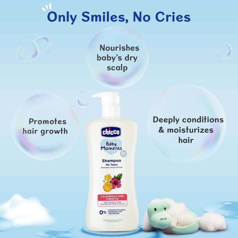 Chicco Baby Moments Shampoo for Tear-Free Bath times, New Advanced formula with Natural Ingredients, Suitable for baby’s tangle Free, smooth hair, No Phenoxyethanol and Parabens (500ml)