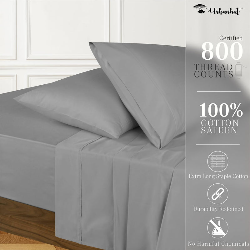 URBANHUT Egyptian Cotton Sheets Set (4 Piece) 800 Thread Count - Bedspread Deep Pocket Premium Bedding Set, Luxury Bed Sheets for Hotel Collection Soft Sateen Weave (Queen, Elephant Grey)