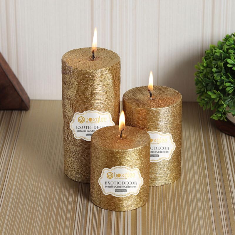 Boxglee Handcrafted Metallic Brushed 100% Pure SOYA Wax Pillar Candles for Stylish Home and Décor | Gifting Etc (Pack of 3pc) Pillar Candle (Gold)