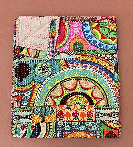 REGMESS Cotton Patchwork Floral Hand Printed Kantha Patch Design Bedding Quilt (Multicolour, 60x90 Inch)