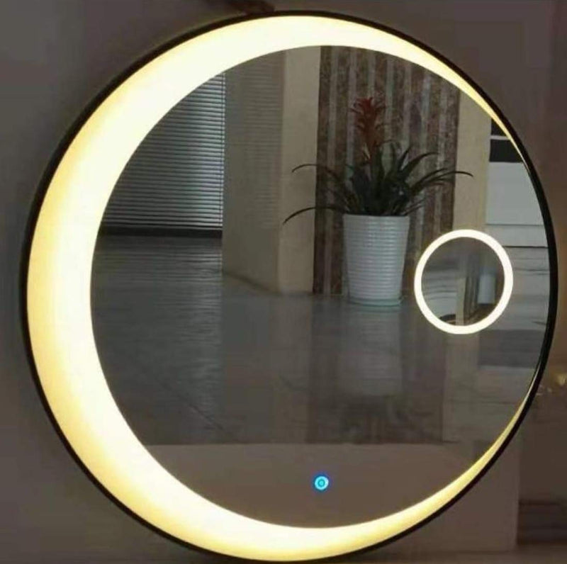 Bungalow Mercer Wall Mounted Round Moon Design LED Mirror with Magnifying Glass | Shaving | Makeup| Triple Led | Feather Touch LED Light Switch | 76x76CM