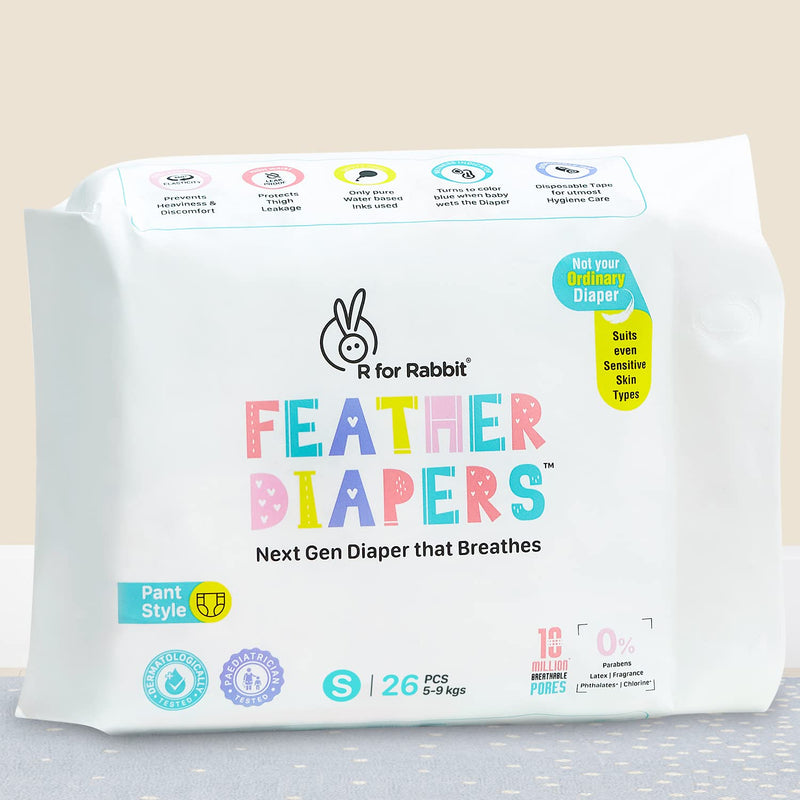 R for Rabbit Small S Size Premium Feather Diaper for Baby 5 to 9 kgs (26 Pack Offer)