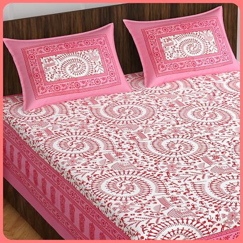 100% Cotton Double Bedsheet for Double Bed King Size Traditional Jaipuri Bedsheet with 2 Pillow Covers - Multi16