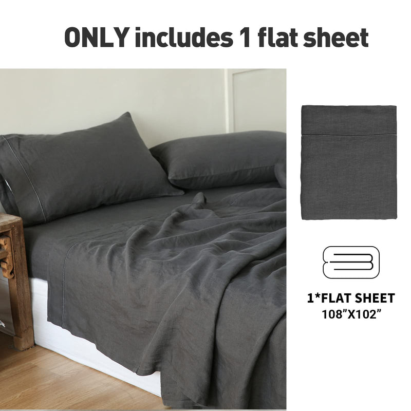 Simple&Opulence French Linen Flat Sheet with Embroidered Border-100% Stone Washed Flax Bedding,King Size(108''x102'') Ultra Soft,Breathable Flat Top Sheet-1 Piece Bed Flat Sheet Only(Dark Grey)