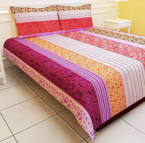 ENOGME 140 TC Vibrant Microfibre Double BEDSHEET with 2 Pillow Covers, RED Yellow Floral Pattern