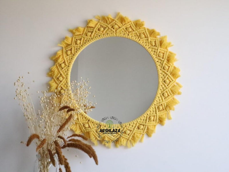 ARSHLAZA Macrame Hanging Wall Mirror with Macrame Round Mirror Art Boho Decor [MYELLOW1] Framed, Off-White