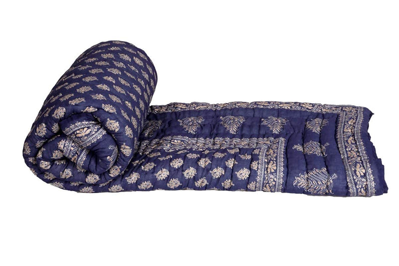 Namaste India Cotton Jaipuri Print Double Bed Quilt -Blue