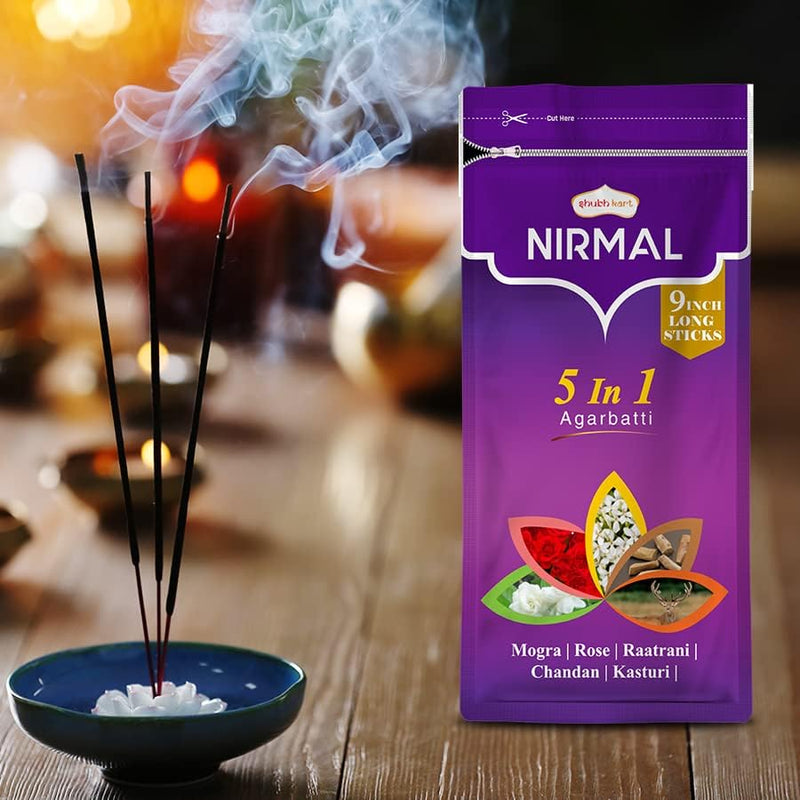 Shubhkart Nirmal 5 in 1 Agarbatti Zipper Pack 150grams for Puja & Meditation - 22.86cm Long Incense Sticks for Puja | Rose, Mogra, Chandan, Kasturi & Raatrani Fragrance | Charcoal Free (Pack of 2)