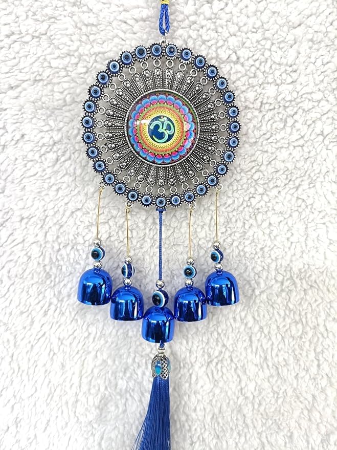 VEDAVIBES Om Wind Chime for Home & Office Main Door Entrance Wall Hanging for Positive Vibes & Removes Negative Energy Nazar Battu Evil Eye (34 cm Height) (Metal, Blue)