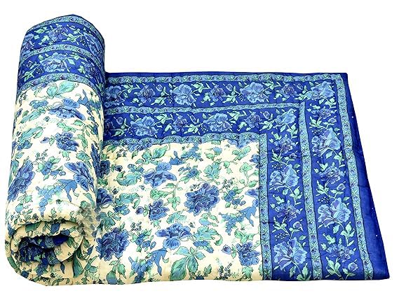 fashhub Cotton 240 TC Single Bed Rajasthani Traditional Jaipuri AC Quilt | Pack of 2 (85" x 55", Blue)