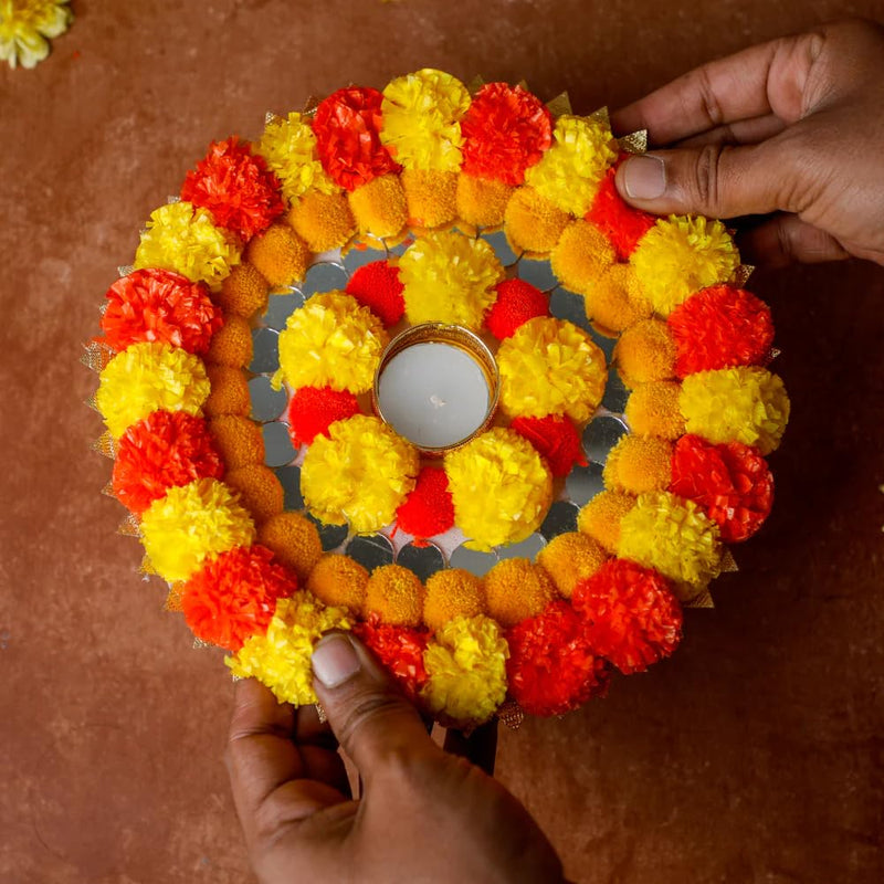 RR Crafts Gajra Rangoli – Reusable Rangoli Mats with Artificial Marigold, Gota Flowers, and White Gajra for Festive Decor | Rangoli Door Mats (Pack of 2)