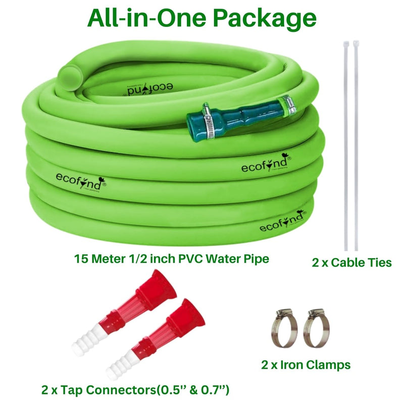 ecofynd 15 Meter/50 Feet, 1/2 Inch Flexible PVC Green Water Pipe, Heavy Duty Long Pipes with Tap Hose Connectors, Home Garden, Car Wash, Floor Clean, Park Cleaning, Outdoor Indoor Use