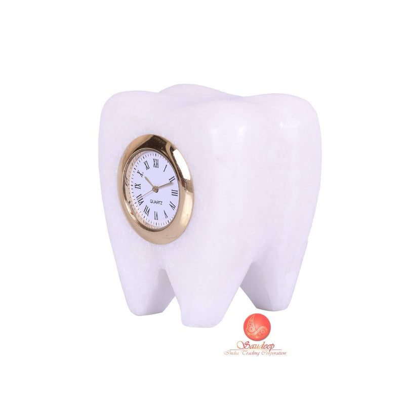 Poppins Tooth Shape Dentist Desk Marble Table Clock for Decor and Paper Weight (White)