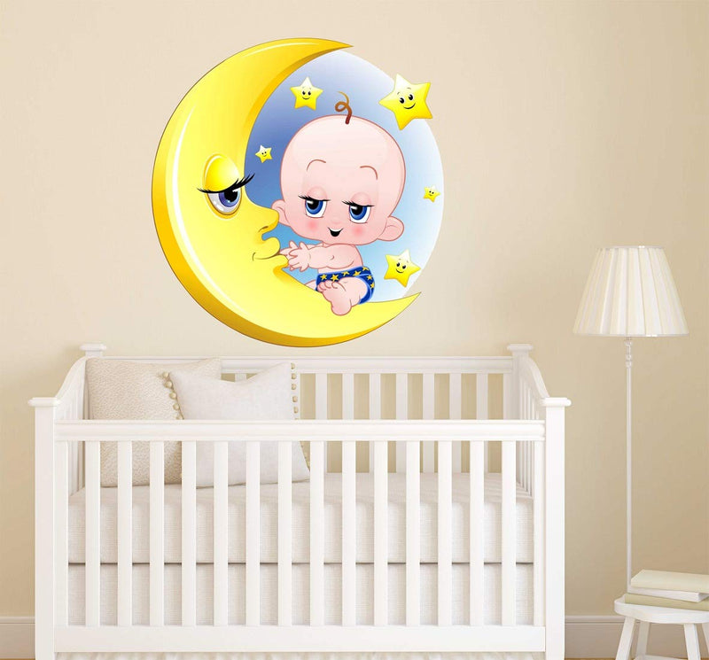 Wallzone Baby On Moon Multi Large Wallsticker for Home Decorations (50 cm x 50 cm)