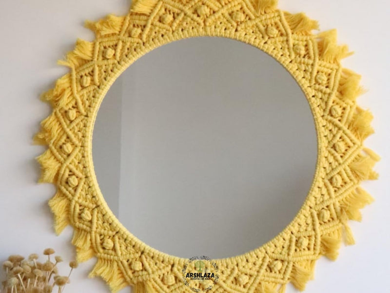 ARSHLAZA Macrame Hanging Wall Mirror with Macrame Round Mirror Art Boho Decor [MYELLOW1] Framed, Off-White