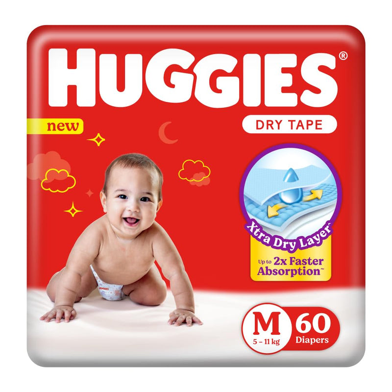 Huggies Complete Comfort Dry Tape Medium (M) Size Baby Tape Diapers, 60 count, with 5 in 1 Comfort