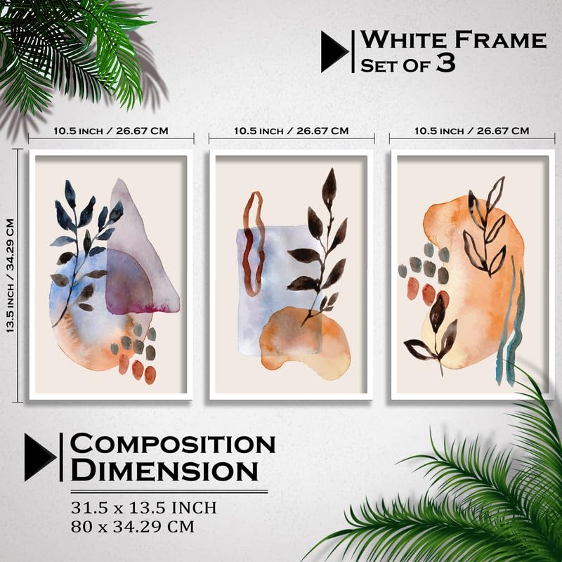 SAF paintings Set of 3 abstract flower Boho modern art design Premium white Framed Bohemian wall painting for for Wall, Home and Living Room Decoration 80 cms x 34.29 cms COMBO-2213-K3