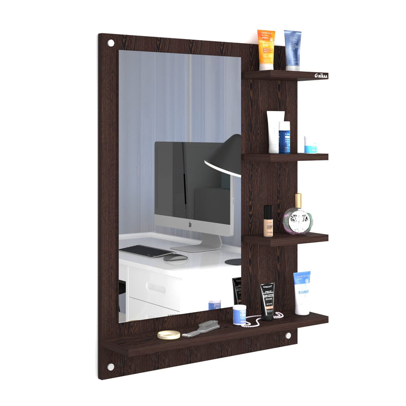 Anikaa Wood Mavis Wall Mounted Hanging Dressing Mirror With Shelves For Living Room Bedroom (Wenge), 60 Cm, 1.7 Cm